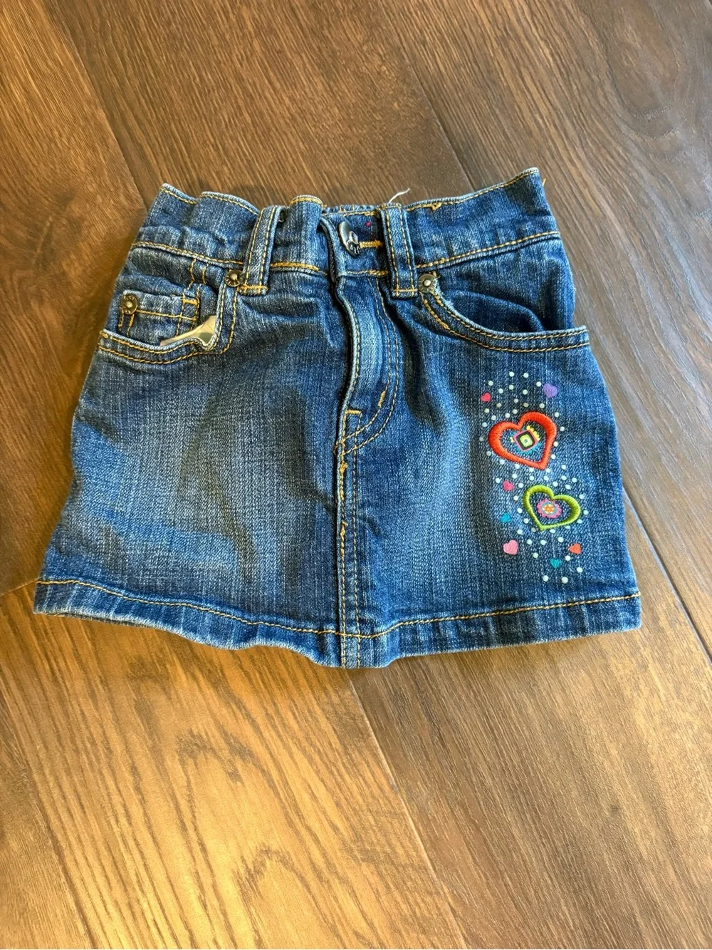 Girls' Dark Blue Denim Skirt with Colorful Heart Embroidery
